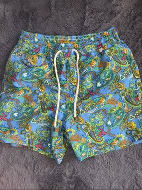 Polo by Ralph Lauren Blue Swim Shorts with Green & Yellow Pattern NWOT